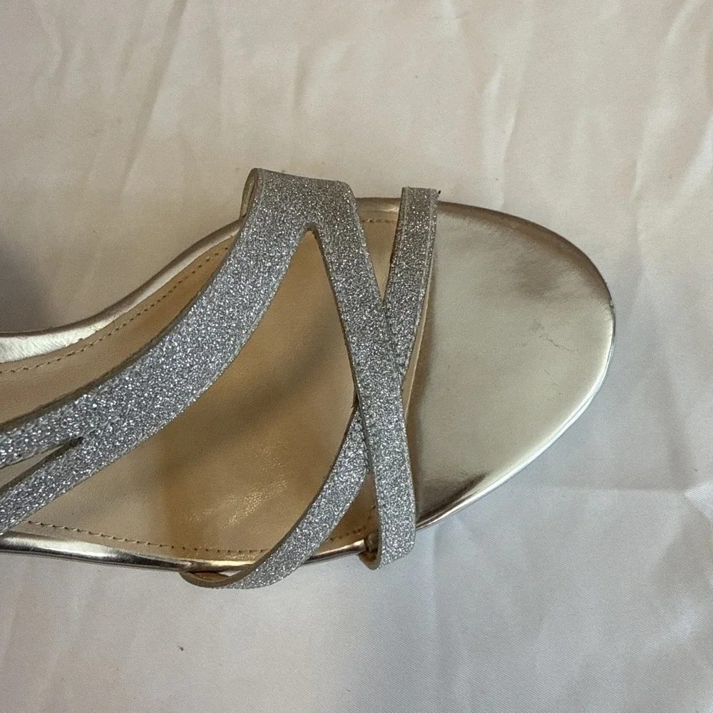 Y2K Silver Nina Heels Size 8.5 Glitter Slingback Sandals, Strappy Glam Look New